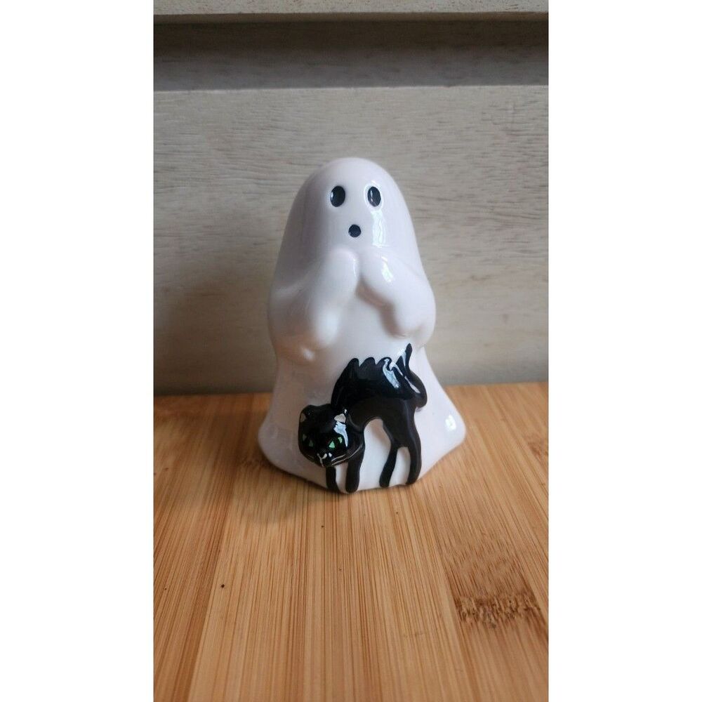 Hyde and Eek Ceramic Ghost Figurine with Black Cat Halloween Indoor Glossy 4 in